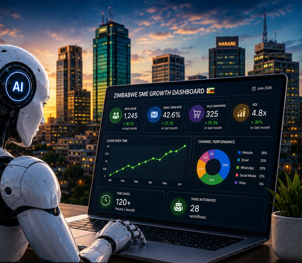 AI dashboard showing leads, conversions and automation results for a Zimbabwean SME, viewed above the Harare skyline