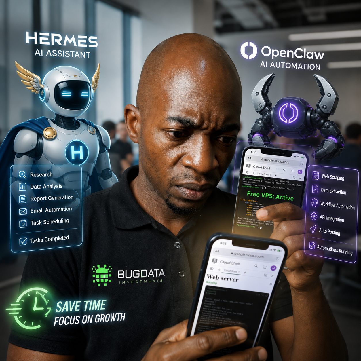 Bugdata Investments automation stack featuring the Hermes AI assistant and OpenClaw AI automation tools