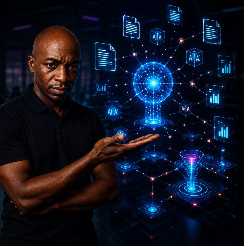 Munyaradzi Hambakachere gesturing toward a data and automation network visualization